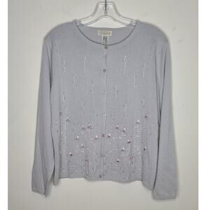 Yarnworks grey floral embroidery long sleeve cardigan sweater - medium petite MP